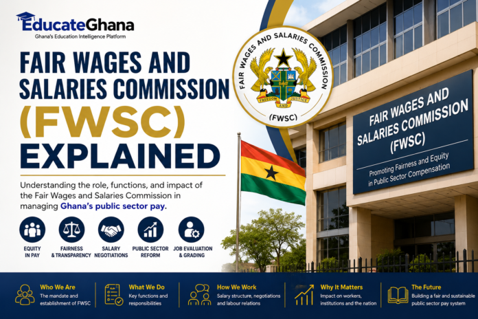 FWSC Appeals for Dialogue Amid GNAT Strike Notice: Ghana’s Teacher Welfare and IPEC Reforms Explained How Government Salaries Are Determined in Ghana: Job Evaluation, Salary Structure and Pay Process Explained Single Spine Salary Structure (SSSS) in Ghana Explained: History, Implementation, Salary Grades and Challenges Fair Wages and Salaries Commission (FWSC) in Ghana: History, Legal Mandate, Functions and Role in Public Sector Salaries Fair Wages and Salaries Commission Ghana public sector salary administration explanation